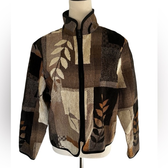 Coldwater Creek Petite Large Jacket Zip Black Brown Leaf Pattern - Picture 1 of 10